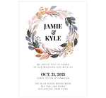Load image into Gallery viewer, Watercolor Wreath Wedding Invitation; White background with black text and color watercolor frame
