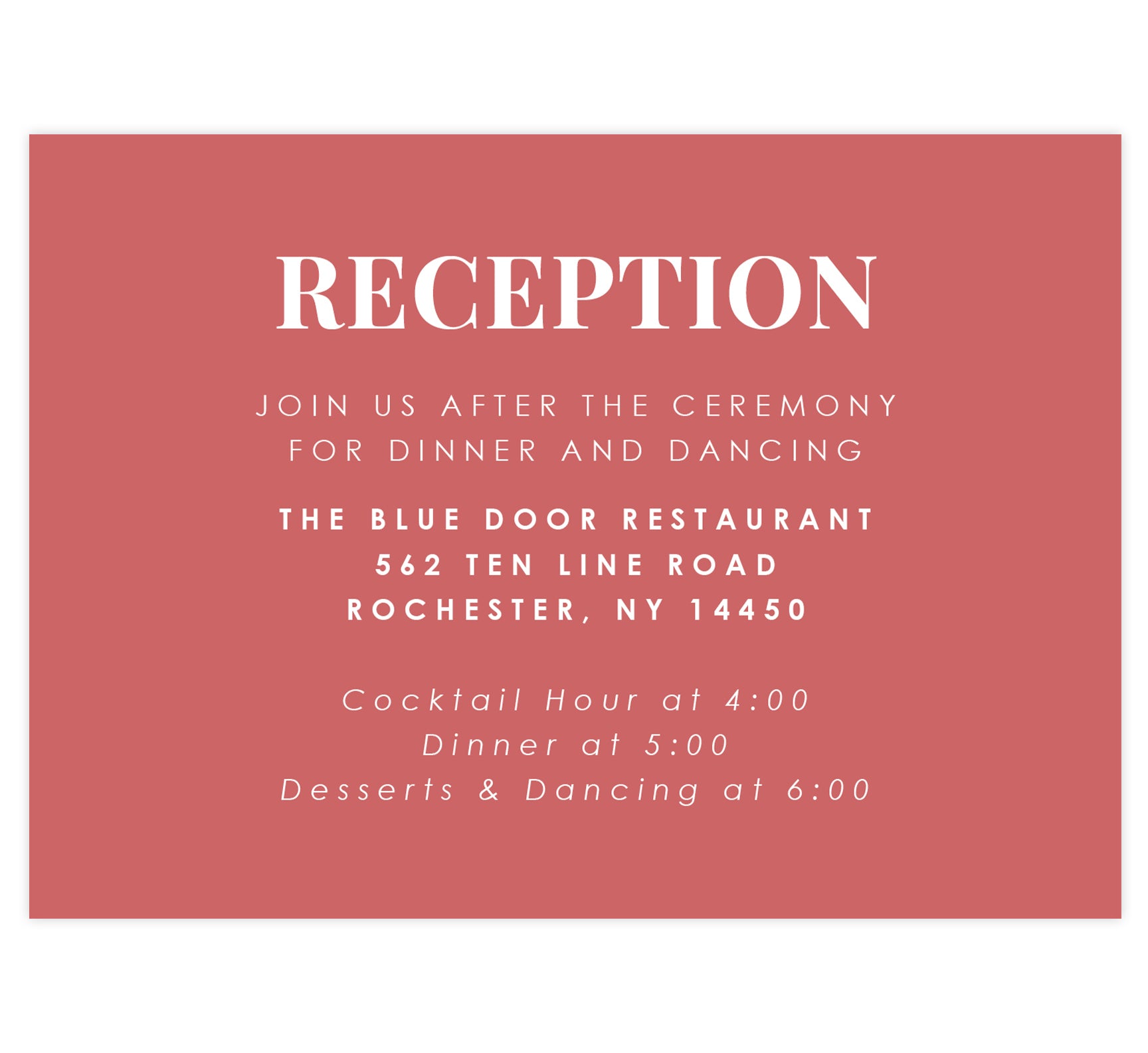Watercolor Wreath Wedding Reception Card; Deep coral background with white text