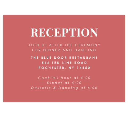 Watercolor Wreath Wedding Reception Card; Deep coral background with white text