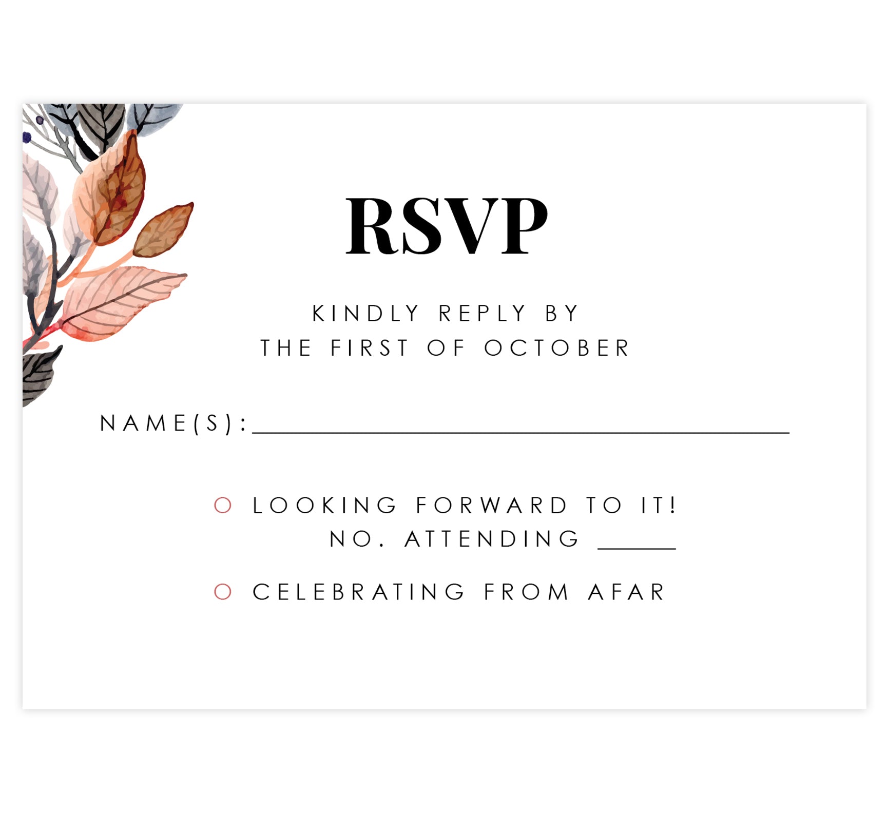 Watercolor Wreath Wedding Response Card; White background with black text and color leaves in top left corner