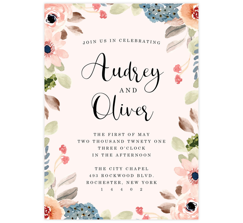 Pink Watercolor Wedding Invitation; Pink background with watercolor frame and black text