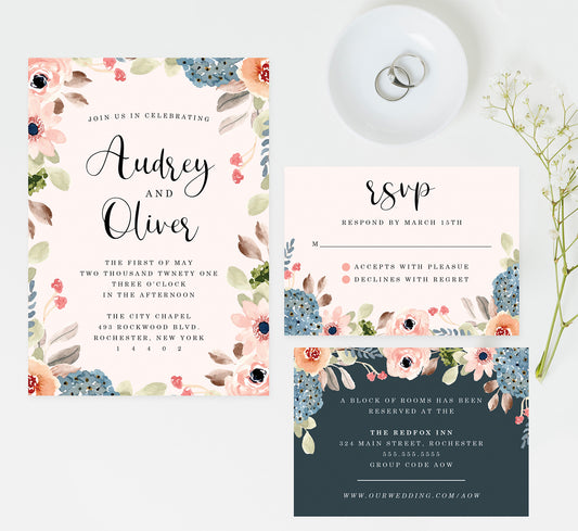 Pink Watercolor Wedding Invitation and Set