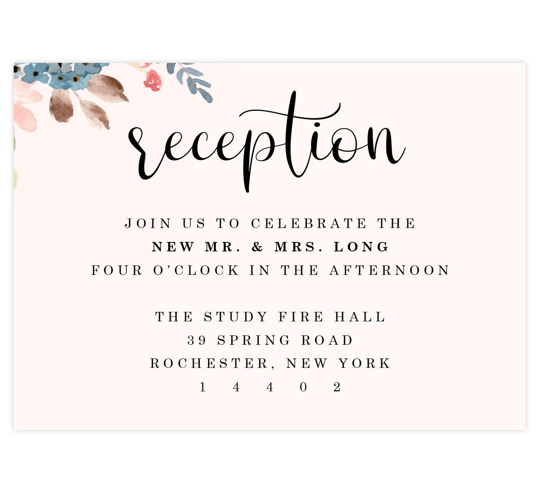 Pink Watercolor Reception Card; Blush pink background with black text and watercolor flowers in top lefthand corner