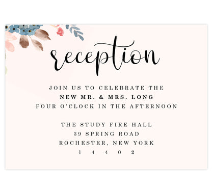 Pink Watercolor Reception Card; Blush pink background with black text and watercolor flowers in top lefthand corner