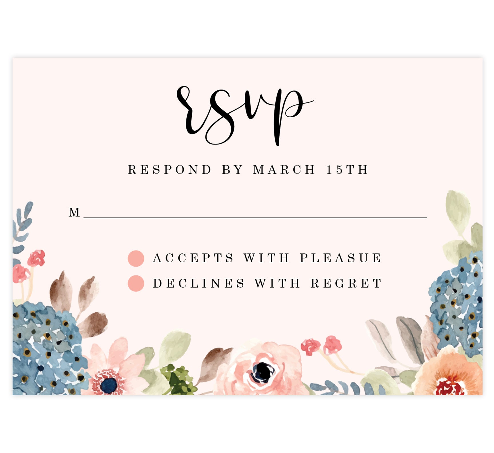 Pink Watercolor Wedding Response Card; blush pink background with floral watercolor frame at bottom and black text