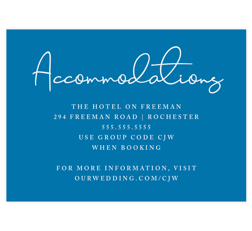 Dramatic Blue Wedding Accommodations/Details Card; Royal blue background with white text