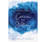 Load image into Gallery viewer, Dramatic Blue Wedding Invitation; White background with deep blue watercolor in the middle, large white text for the names and small details below in blue.
