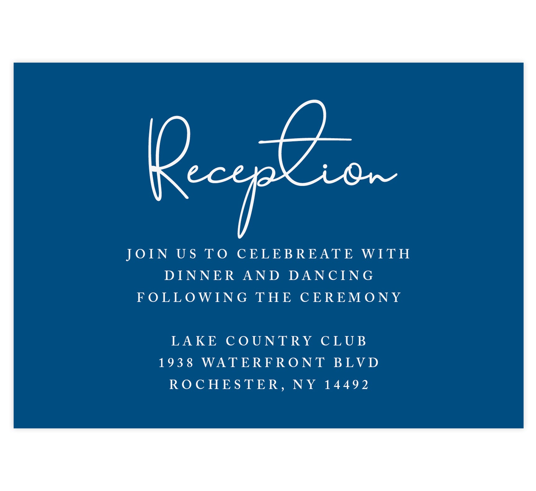 Dramatic Blue Wedding Reception Card; Navy background with white text