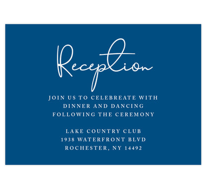 Dramatic Blue Wedding Reception Card; Navy background with white text