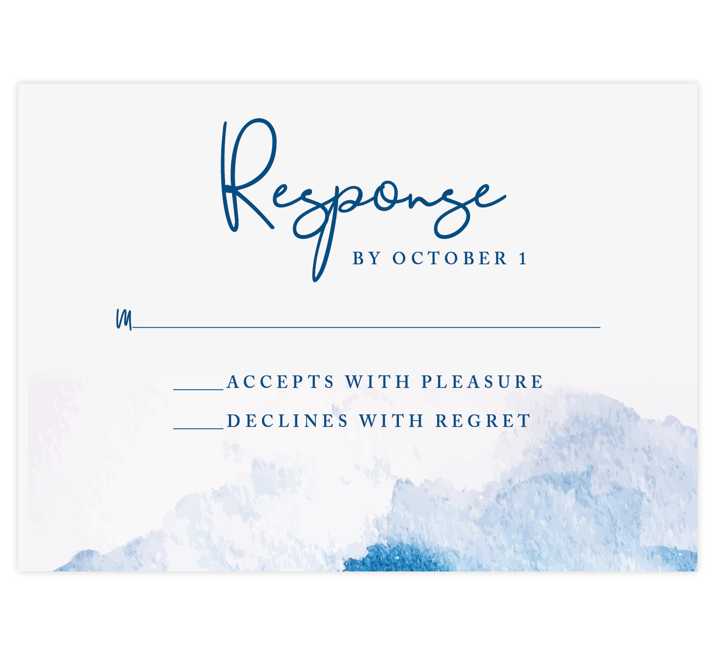 Dramatic Blue Wedding Response Card; white background with blue watercolor at bottom with navy text