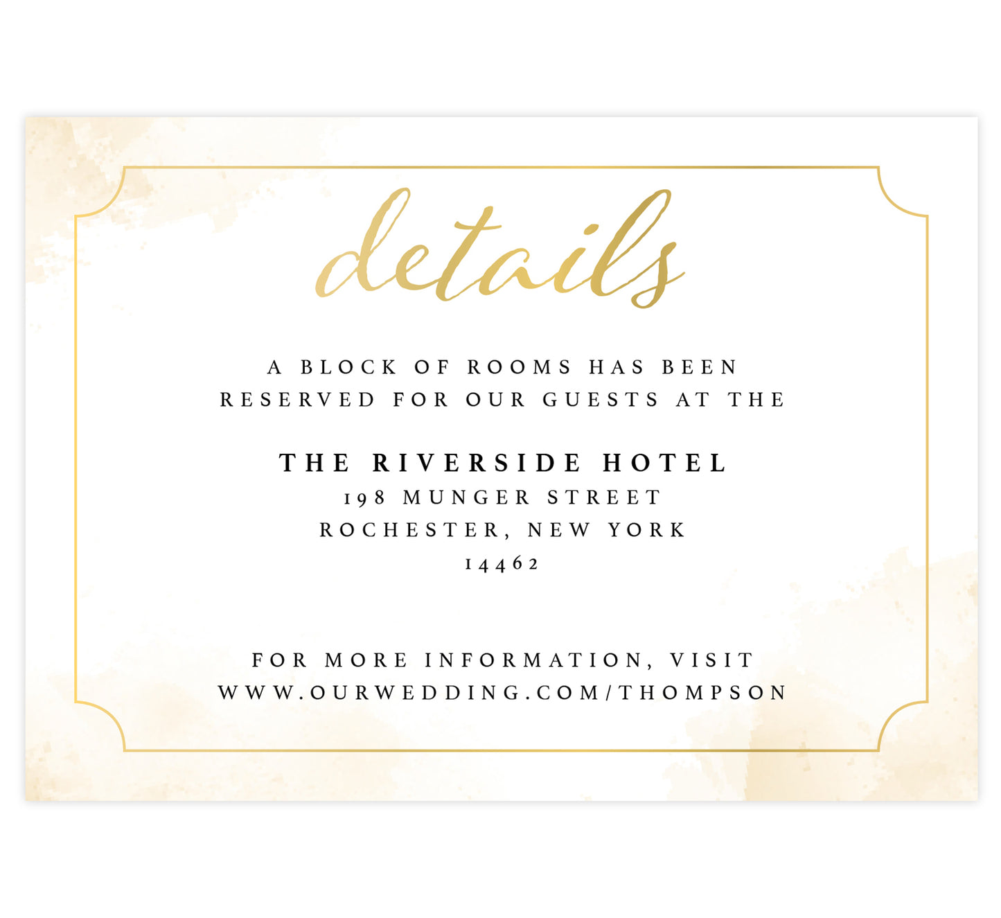 Elegant Skyline wedding detail/accommodation card; white background with gold watercolor splashes on the edges and elegant gold frame with black and gold text