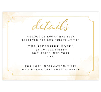 Elegant Skyline wedding detail/accommodation card; white background with gold watercolor splashes on the edges and elegant gold frame with black and gold text