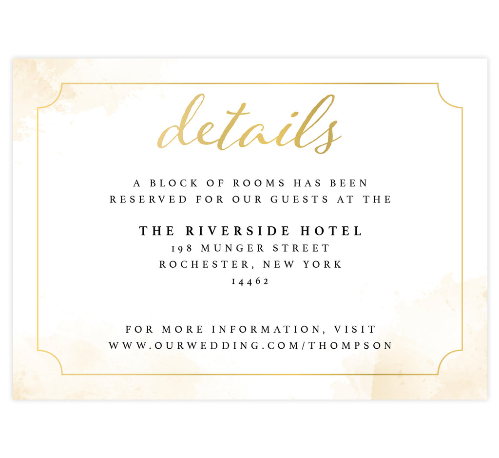 Elegant Skyline wedding detail/accommodation card; white background with gold watercolor splashes on the edges and elegant gold frame with black and gold text