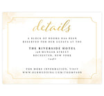 Load image into Gallery viewer, Elegant Skyline wedding detail/accommodation card; white background with gold watercolor splashes on the edges and elegant gold frame with black and gold text
