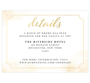Elegant Skyline wedding detail/accommodation card; white background with gold watercolor splashes on the edges and elegant gold frame with black and gold text