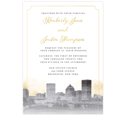Elegant Skyline wedding invitation; artistic version of the Rochester, NY skyline in grayscale with gold watercolor background and gold elegant frame around the card.