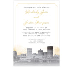 Load image into Gallery viewer, Elegant Skyline wedding invitation; artistic version of the Rochester, NY skyline in grayscale with gold watercolor background and gold elegant frame around the card.
