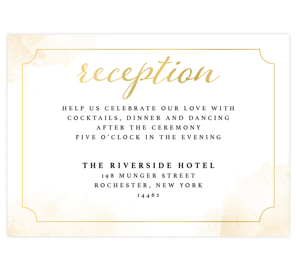 Elegant Skyline wedding reception card; White background with gold splashes on the edges with elegant gold frame and black and gold text