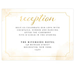 Load image into Gallery viewer, Elegant Skyline wedding reception card; White background with gold splashes on the edges with elegant gold frame and black and gold text
