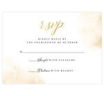 Load image into Gallery viewer, Elegant Skyline wedding invitation; white background with gold splashes in the top right and bottom left corners with black and gold text
