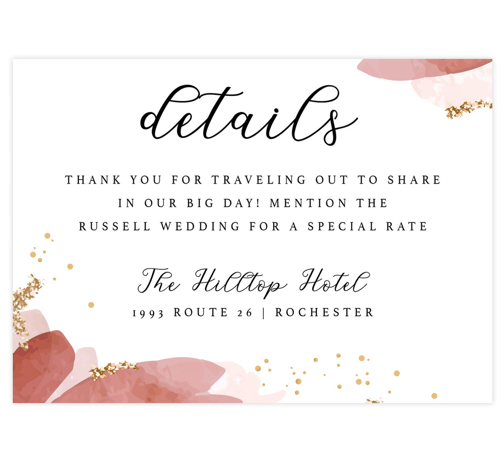 Enchanting Watercolor wedding accommodations/detail card; white background with pink watercolor on the edges, gold dots and glitter with black text