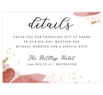 Load image into Gallery viewer, Enchanting Watercolor wedding accommodations/detail card; white background with pink watercolor on the edges, gold dots and glitter with black text
