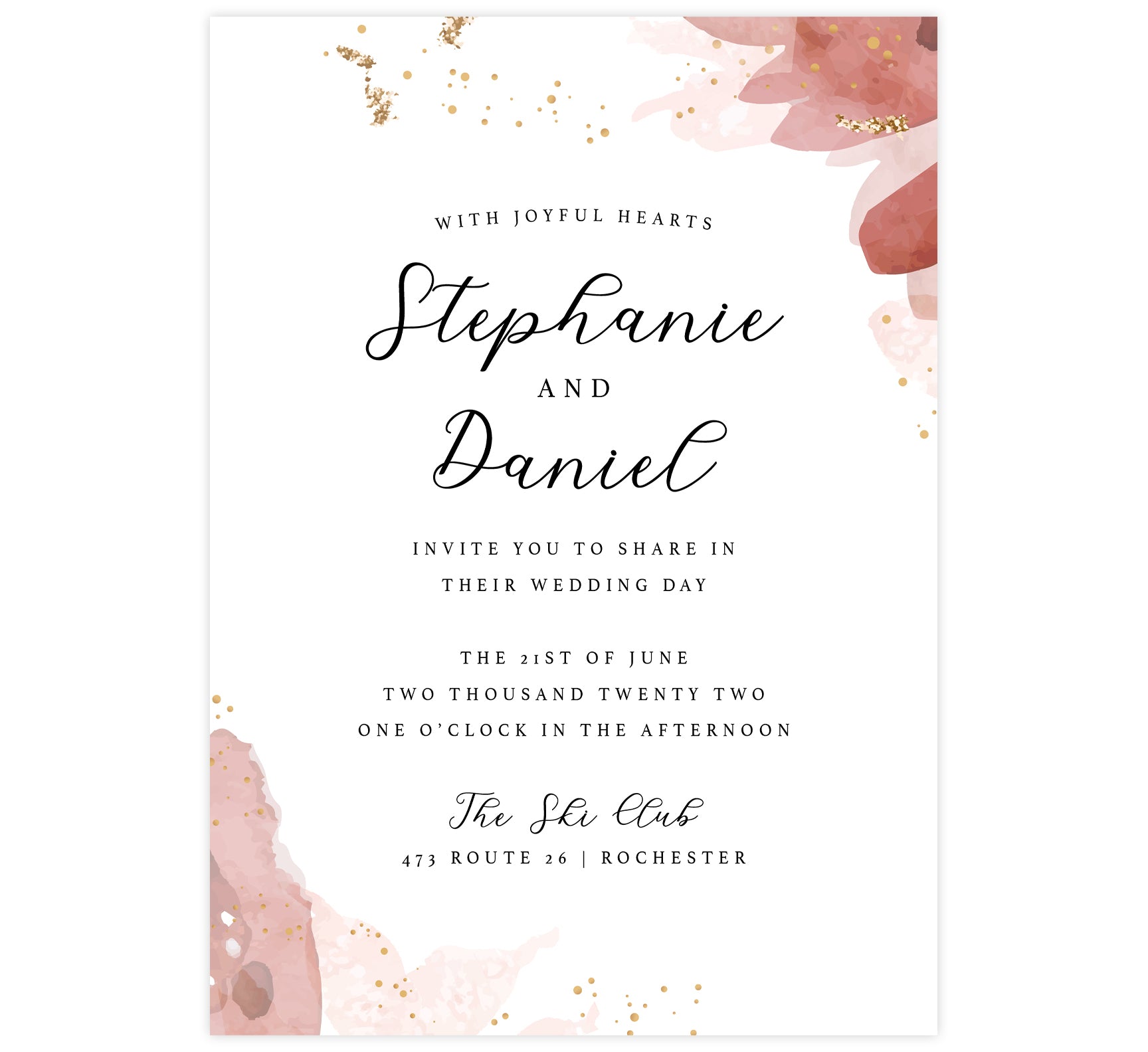 Enchanting Watercolor wedding invitation; white background with pink watercolor on the edges, small gold dots and glitter with black text