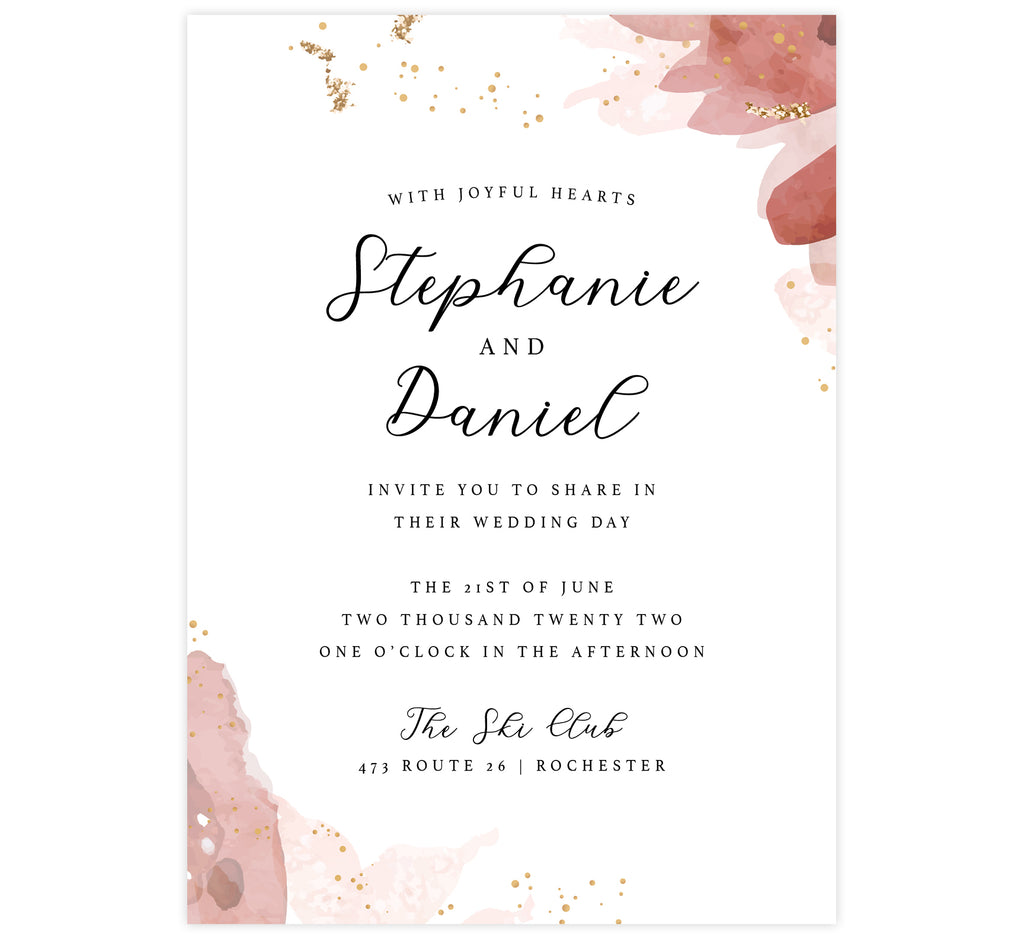 Enchanting Watercolor wedding invitation; white background with pink watercolor on the edges, small gold dots and glitter with black text
