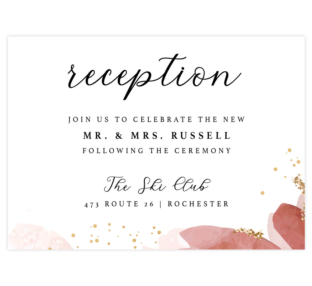 Enchanting Watercolor wedding reception card; white background with watercolor pink and gold dots across the bottom edge and black text