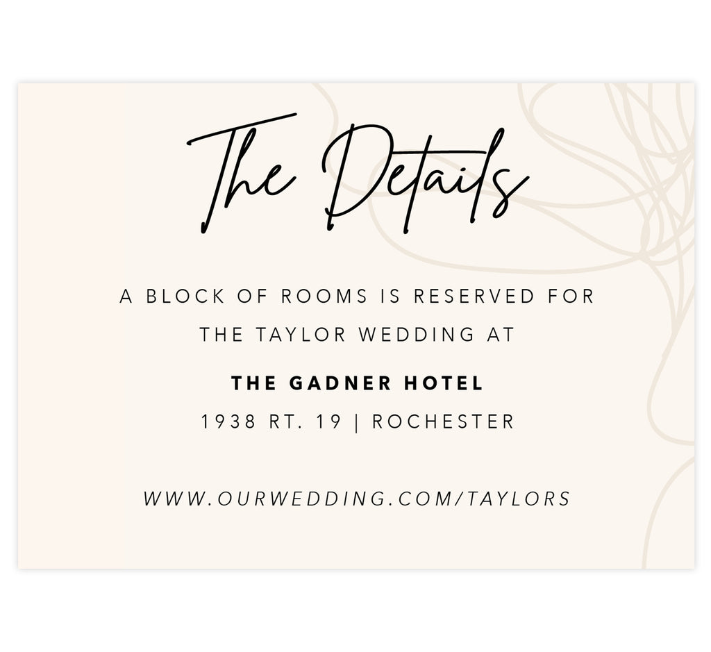 Modern Handwriting wedding accommodations/details card; pale creme background with hand drawn details on the right edge and black text
