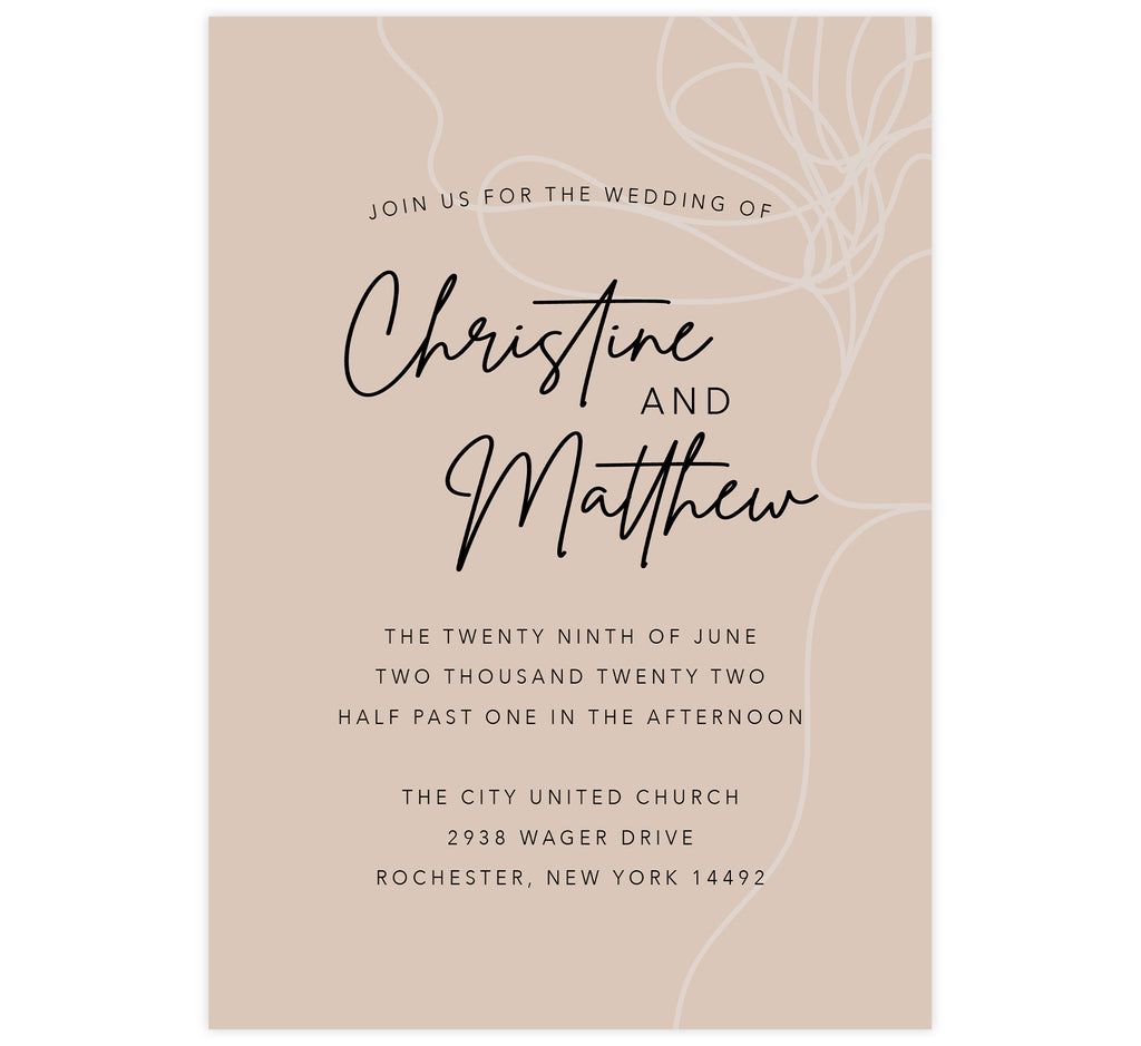 Modern Handwriting wedding invitation; nude background with hand drawn floral design on the right edge