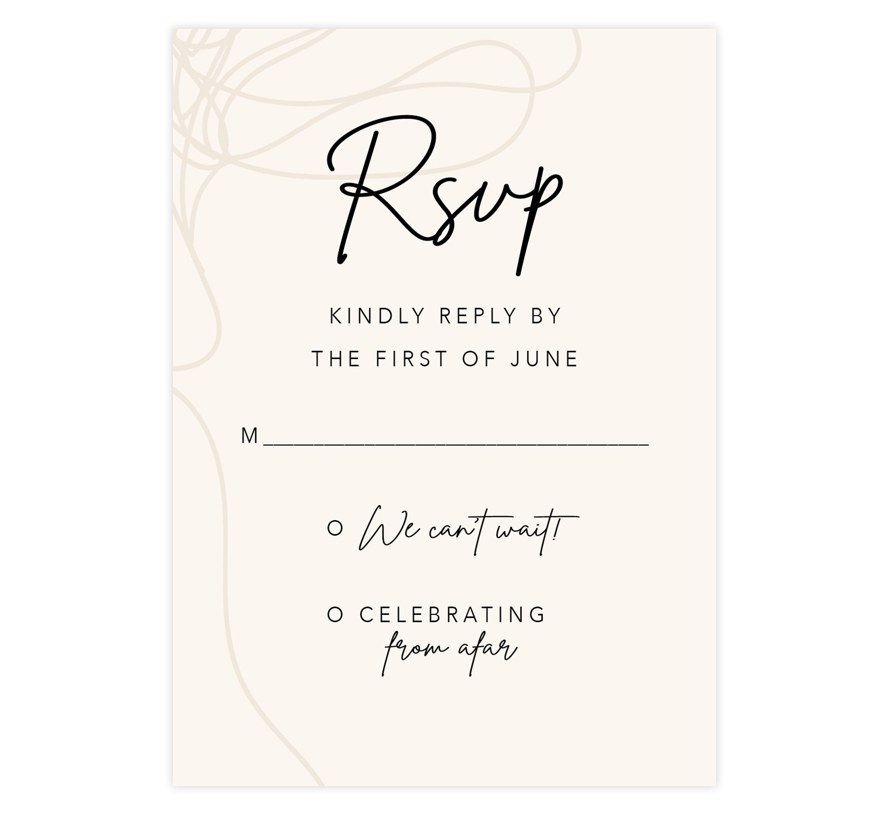 Modern Handwriting wedding response card; creme background with tan drawn design on the left edge and black writing