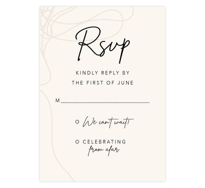 Modern Handwriting wedding response card; creme background with tan drawn design on the left edge and black writing