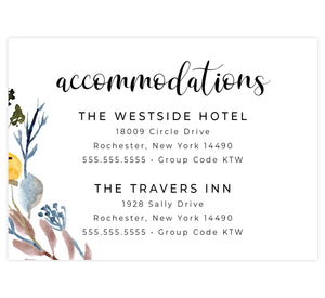 Yellow and Floral wedding accommodations/details card; white background with black text and florals in the bottom left corner