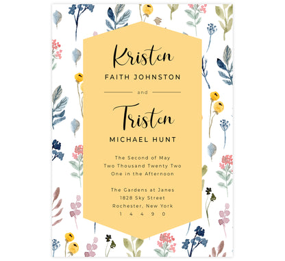 Yellow and Florals wedding invitation; white background with watercolor florals background and yellow behind the text