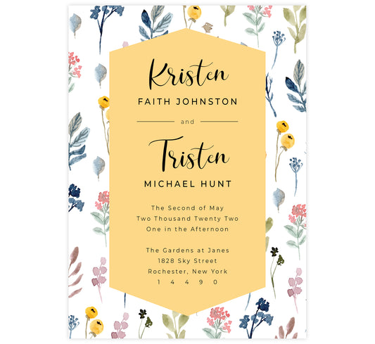 Yellow and Florals wedding invitation; white background with watercolor florals background and yellow behind the text