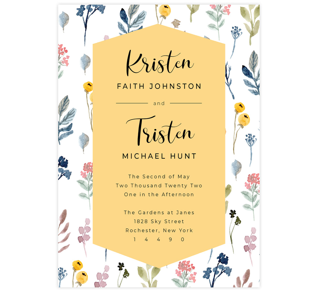 Yellow and Florals wedding invitation; white background with watercolor florals background and yellow behind the text