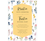 Load image into Gallery viewer, Yellow and Florals wedding invitation; white background with watercolor florals background and yellow behind the text
