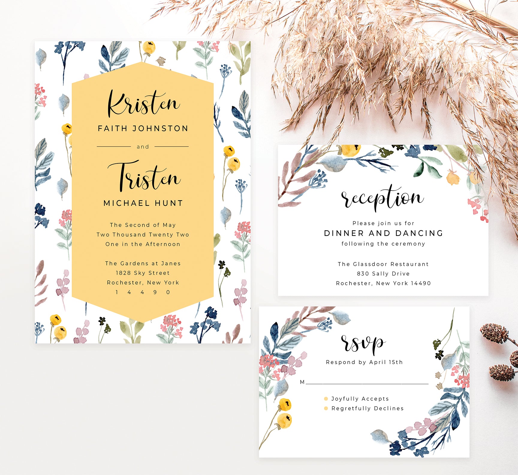 Yellow and Florals wedding invitation and set