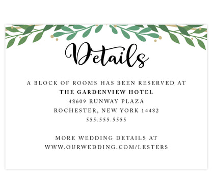 Gold Frame with Greenery accommodations/details card; white background with black text and greenery on the top edge.