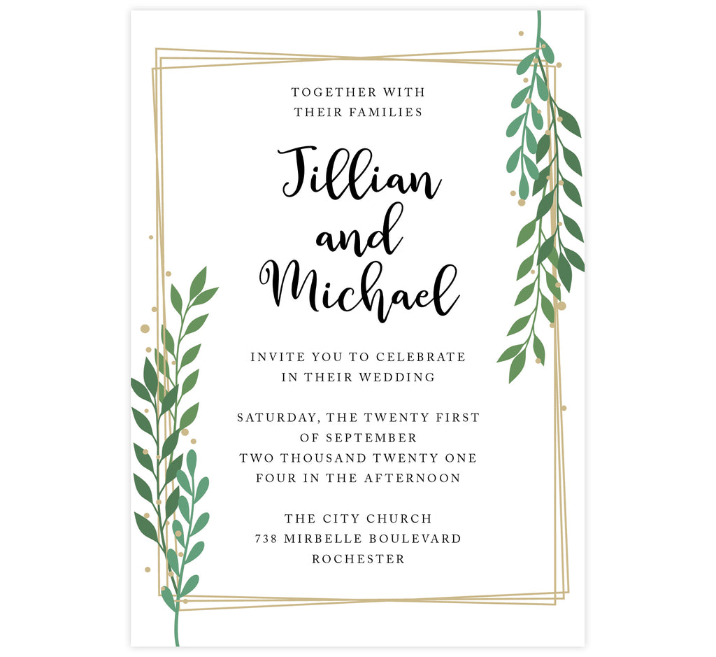 Gold Frame with Greenery wedding invitation; White background with gold frame, black text and greenery on the top right and bottom left corner