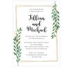 Load image into Gallery viewer, Gold Frame with Greenery wedding invitation; White background with gold frame, black text and greenery on the top right and bottom left corner
