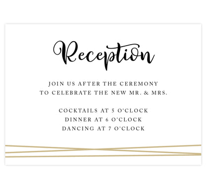 Gold Frame with Greenery Wedding reception card; white background with gold lines across the bottom and black text