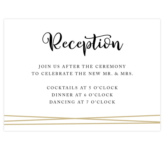 Gold Frame with Greenery Wedding reception card; white background with gold lines across the bottom and black text
