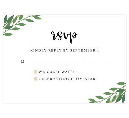Gold Frame with Greenery wedding response card; White background with black text and greenery in the corners