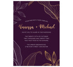 Load image into Gallery viewer, Modern Purple wedding invitation; deep purple background with oversized gold and white leaves
