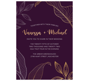 Modern Purple wedding invitation; deep purple background with oversized gold and white leaves
