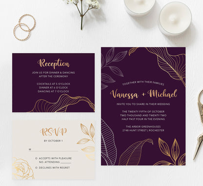 Modern Purple wedding invitation and set