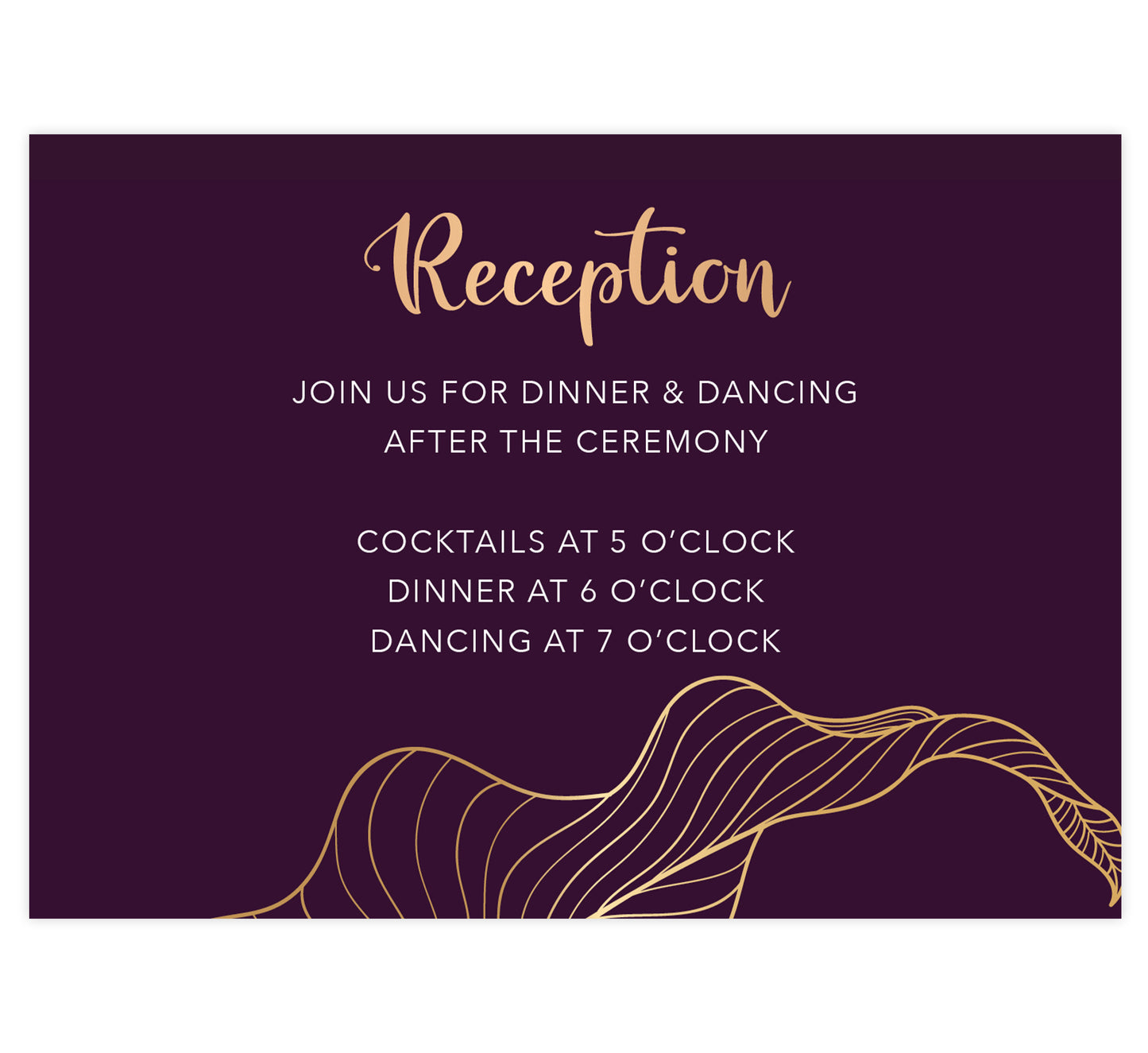 Modern Purple Wedding Reception Card; deep purple background with white and gold text and a oversized gold leaf bleeding off the bottom