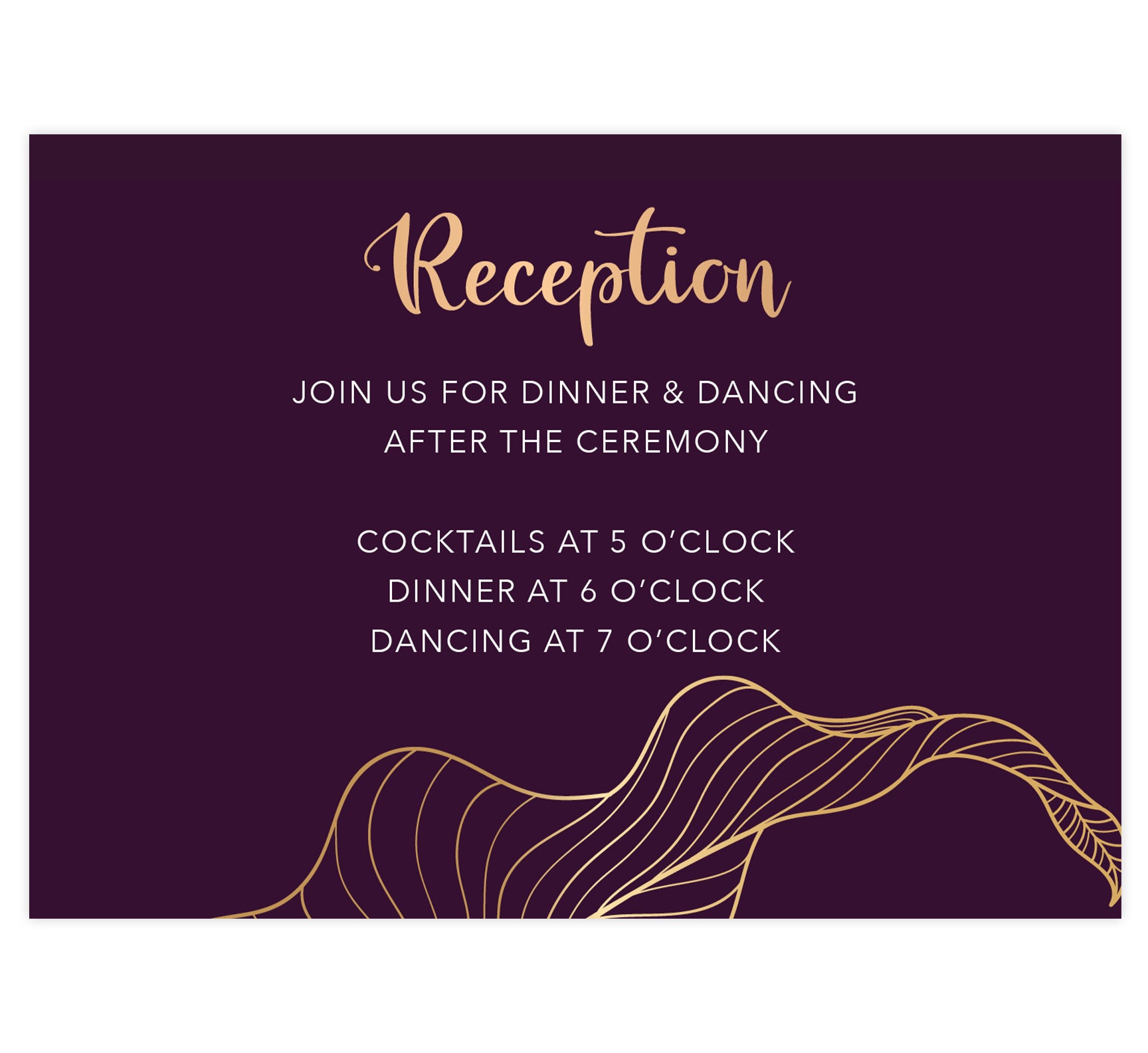 Modern Purple Wedding Reception Card; deep purple background with white and gold text and a oversized gold leaf bleeding off the bottom